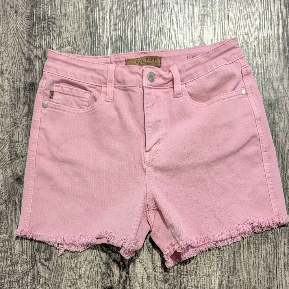 Judy Blue Pink Garment Dyed Jean Shorts Medium Frayed Hem Cutoff Mid-rise Spring
